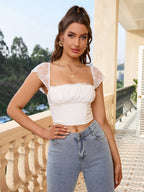 Contrast Lace Ruched Bust Square Neck Crop Top