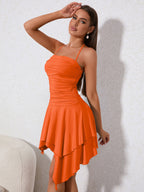 Ruched Asymmetrical Hem Tie Backless Halter Dress