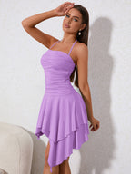 Ruched Asymmetrical Hem Tie Backless Halter Dress