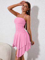 Ruched Asymmetrical Hem Tie Backless Halter Dress