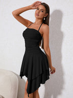 Ruched Asymmetrical Hem Tie Backless Halter Dress