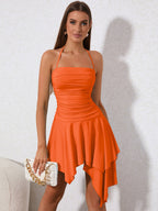 Ruched Asymmetrical Hem Tie Backless Halter Dress