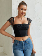 Contrast Lace Ruched Bust Square Neck Crop Top
