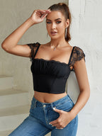 Contrast Lace Ruched Bust Square Neck Crop Top