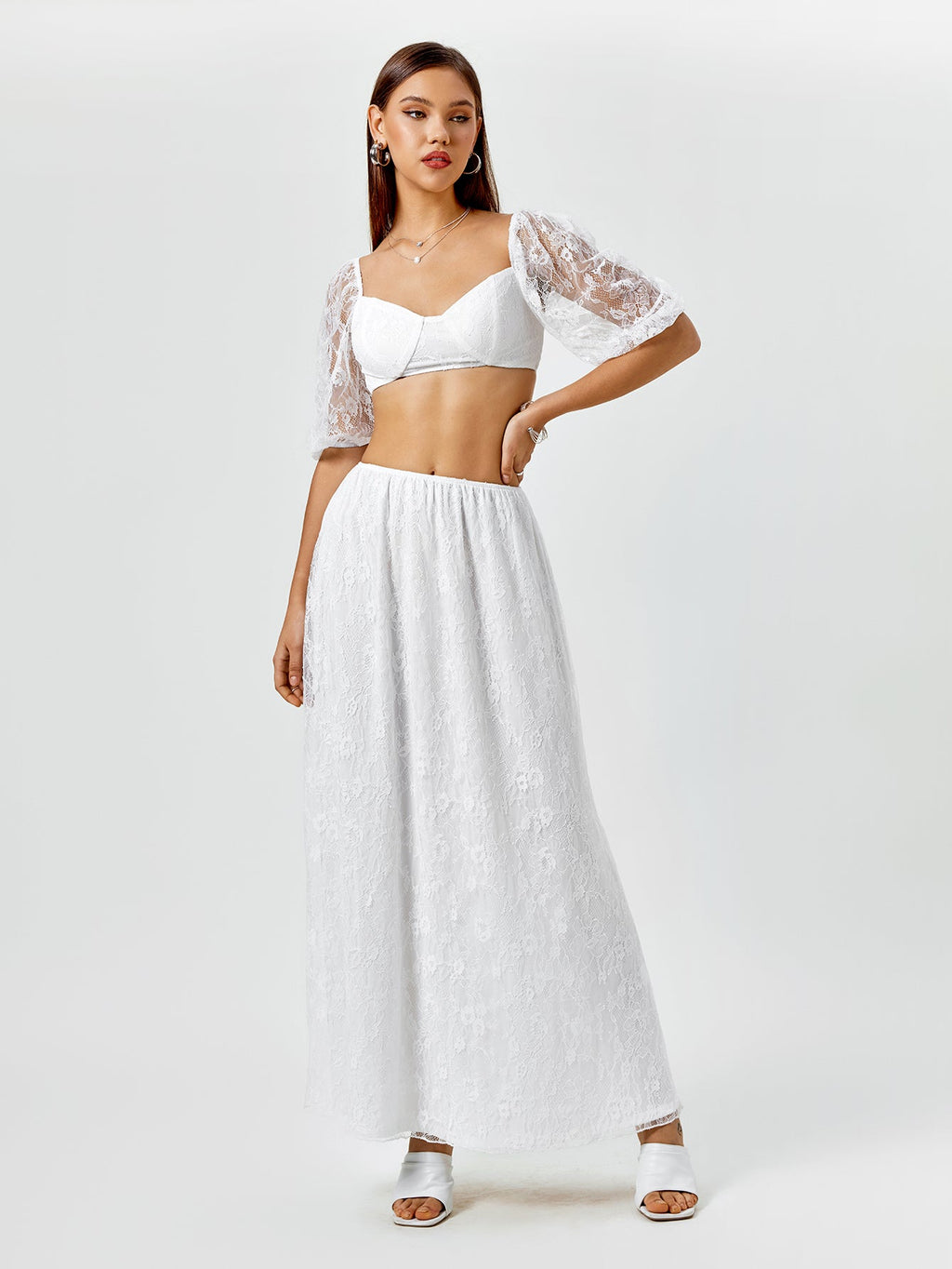Backless Zipper Lace Crop Top&Lace A-Line Skirt