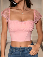 Contrast Lace Ruched Bust Square Neck Crop Top