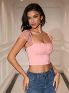 Contrast Lace Ruched Bust Square Neck Crop Top