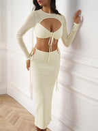 Cut Out Tie Front Crop Top&Bandage Bodycon Knitted Set