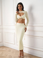 Cut Out Tie Front Crop Top&Bandage Bodycon Knitted Set