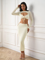 Cut Out Tie Front Crop Top&Bandage Bodycon Knitted Set