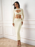 Cut Out Tie Front Crop Top&Bandage Bodycon Knitted Set