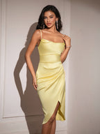 Draped Collar Wrap Ruched Satin Cami Dress