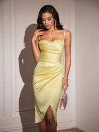 Draped Collar Wrap Ruched Satin Cami Dress