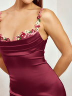 Embellished Strap Tie Back Satin Bodycon Dress