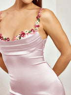 Embellished Strap Tie Back Satin Bodycon Dress