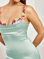 Embellished Strap Tie Back Satin Bodycon Dress