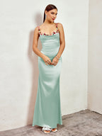 Embellished Strap Tie Back Satin Bodycon Dress