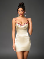 Embellished Strap Tie Back Satin Mini Dress