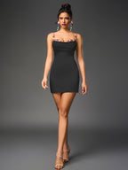 Embellished Strap Tie Back Satin Mini Dress