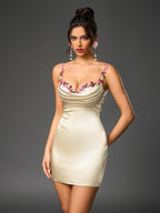 Embellished Strap Tie Back Satin Mini Dress