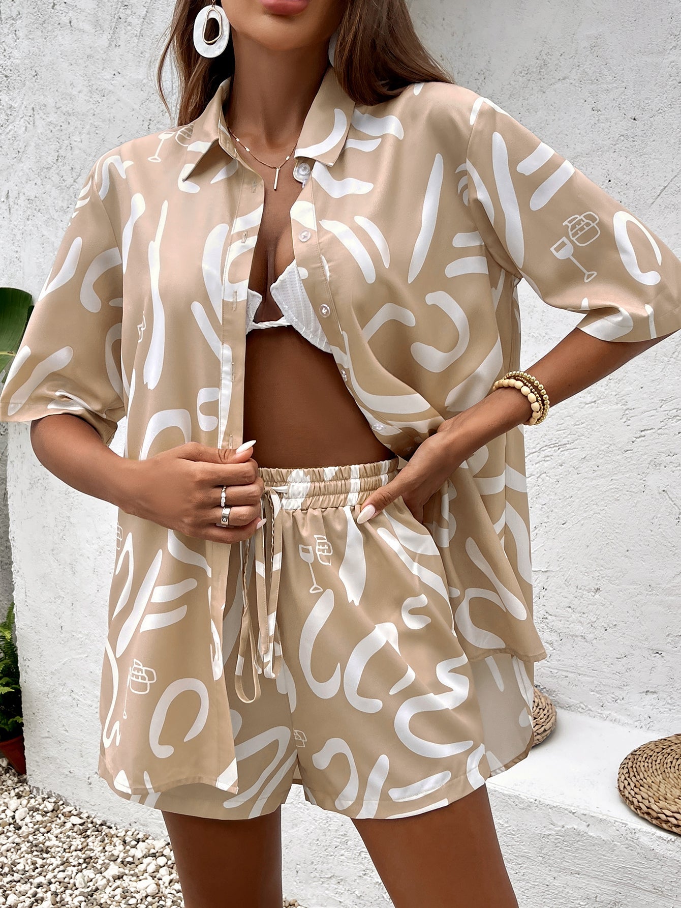 Floral Print Short Sleeve Shirt&Print Shorts Set