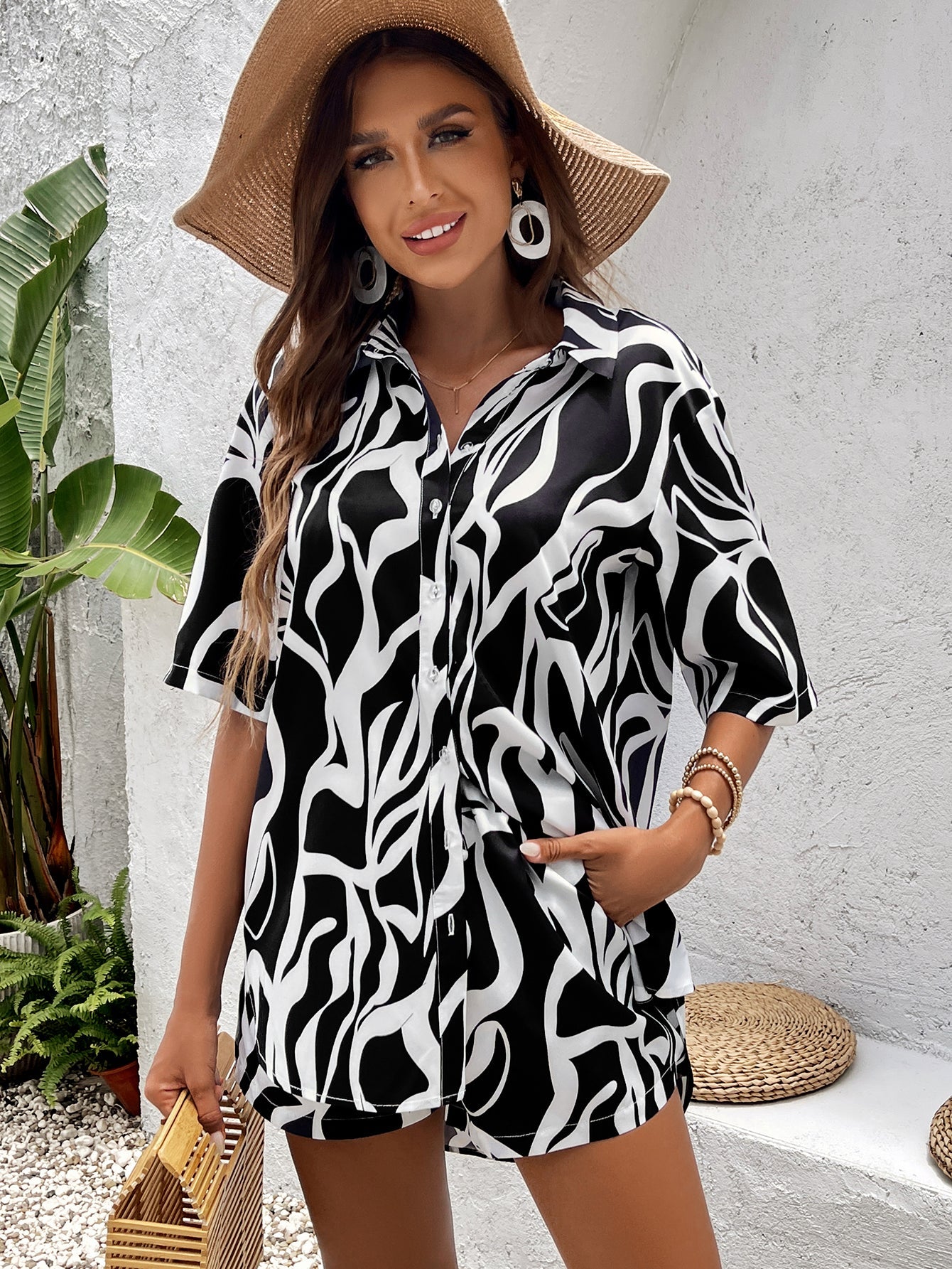 Floral Print Short Sleeve Shirt&Print Shorts Set