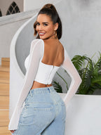 Flounce Sleeve Cut Out Tie Front Mesh Top