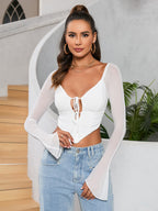 Flounce Sleeve Cut Out Tie Front Mesh Top