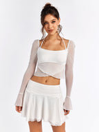 Flounce Sleeve Halter Mesh Crop Top&Flared Hem Skirt