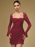 Flounce Sleeve Mesh Sparkly Mini Dress