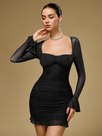 Flounce Sleeve Mesh Sparkly Mini Dress