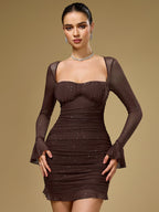 Flounce Sleeve Mesh Sparkly Mini Dress