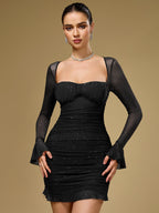 Flounce Sleeve Mesh Sparkly Mini Dress