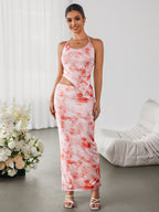 Halter Embellished Floral Top&Bodycon Skirt