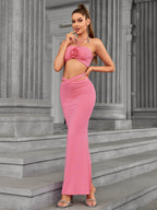 Halter Embellished Top & Cut Out Split Thigh Skirt