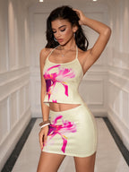 Halter Floral Print Cami Top&Bodycon Mini Skirt