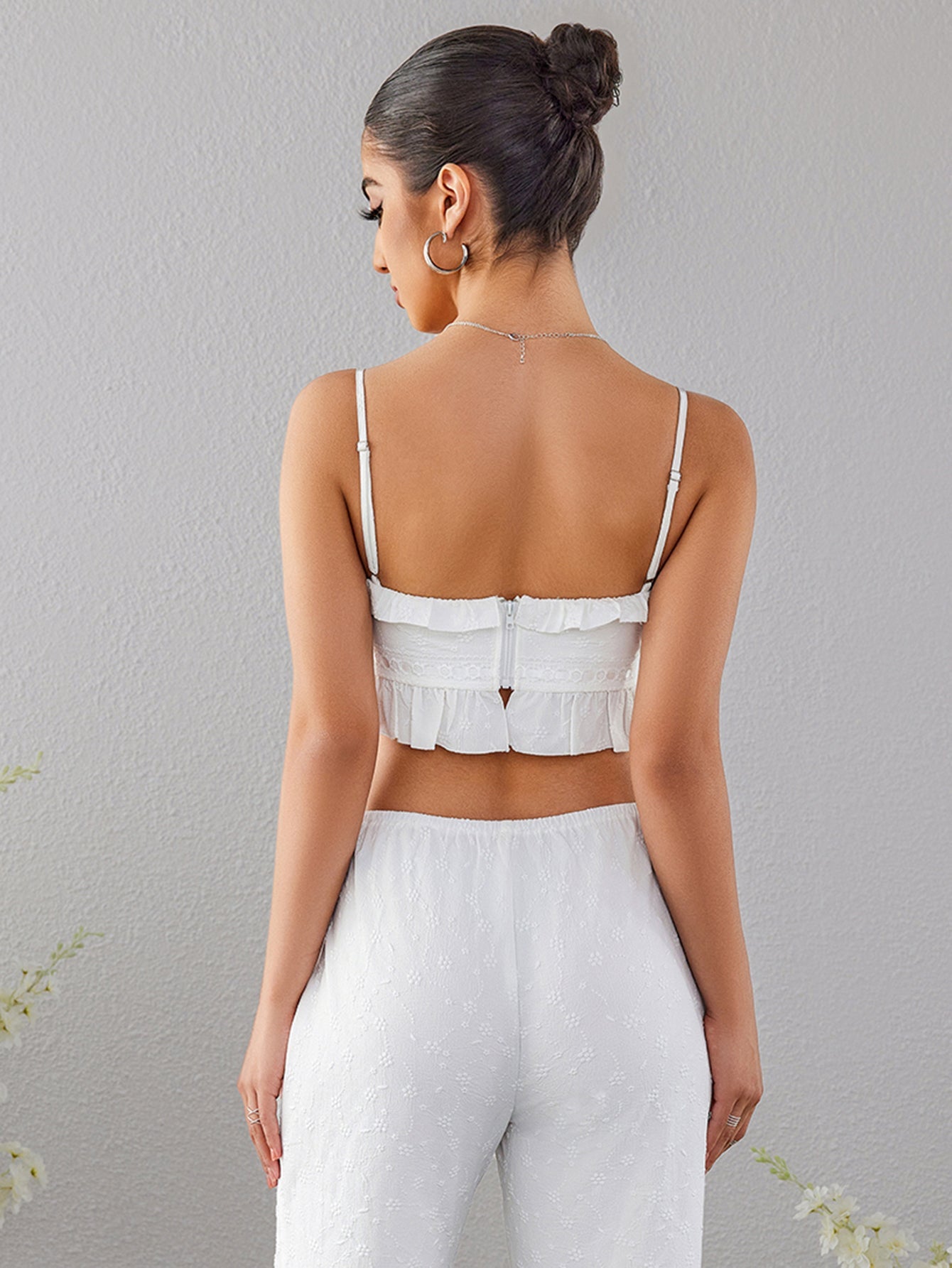 Jacquard Lace Trim Tie Front Top