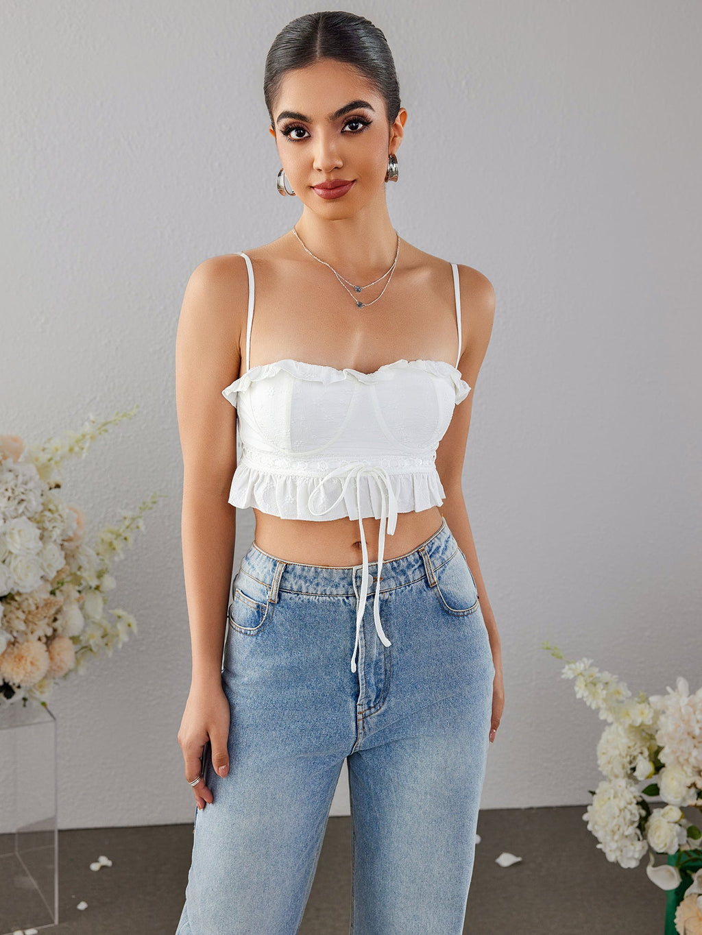 Jacquard Lace Trim Tie Front Top