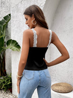 Lace Trim Cut Out Tie Front Slit Hem Top