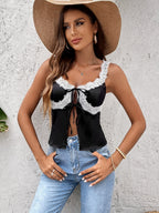 Lace Trim Cut Out Tie Front Slit Hem Top