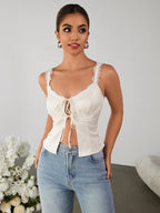 Lace Trim Cut Out Tie Front Slit Hem Top