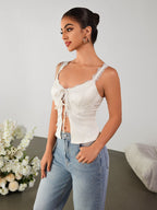 Lace Trim Cut Out Tie Front Slit Hem Top