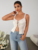 Lace Trim Cut Out Tie Front Slit Hem Top