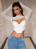 Long Sleeve Cut Out Mesh Corset Top