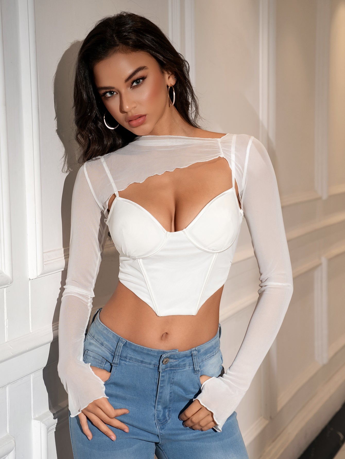 Long Sleeve Cut Out Mesh Corset Top