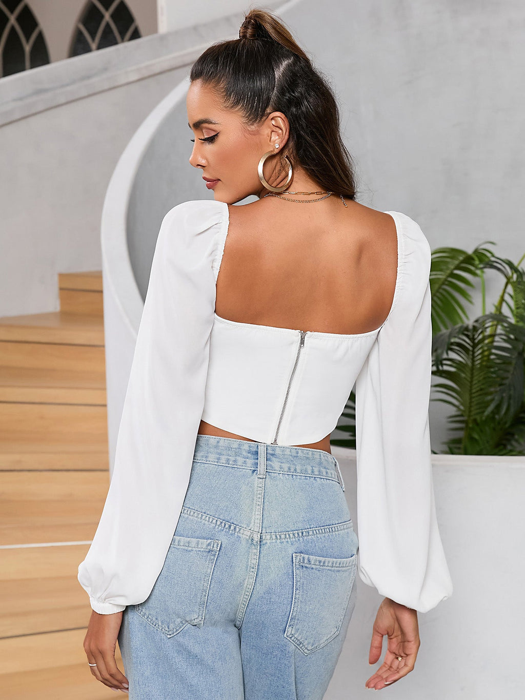 Long Sleeve Ruched Bust Zipper Back Crop Top