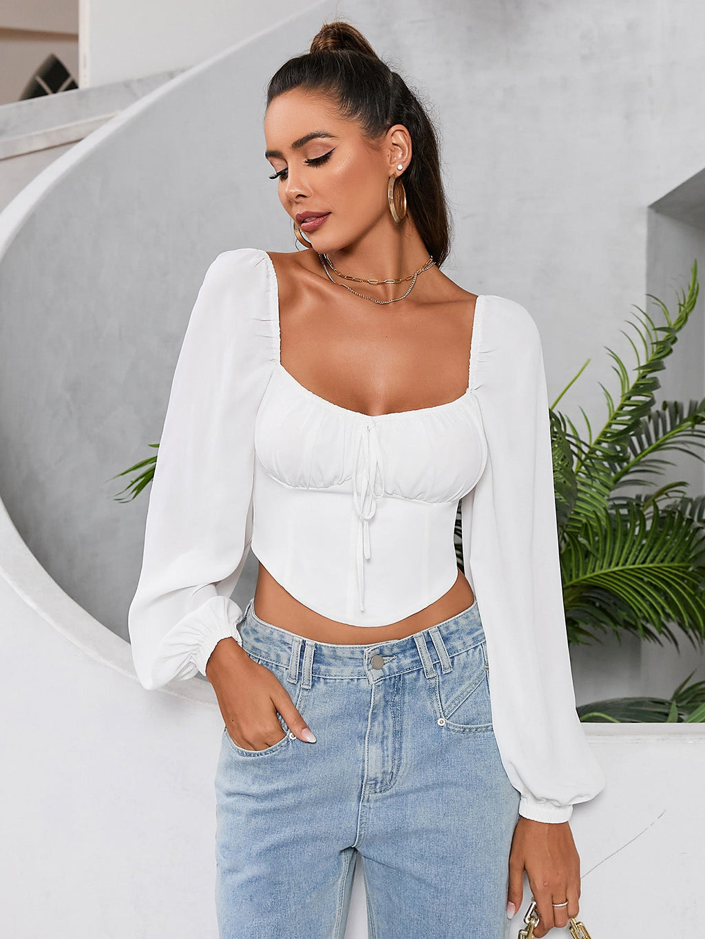 Long Sleeve Ruched Bust Zipper Back Crop Top