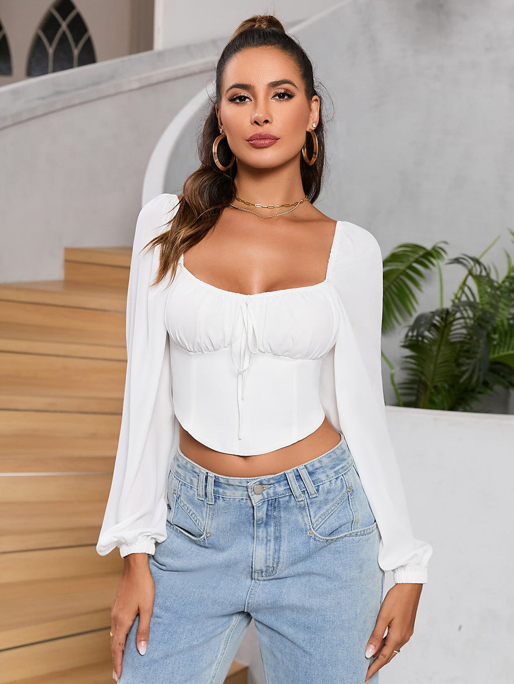 Long Sleeve Ruched Bust Zipper Back Crop Top