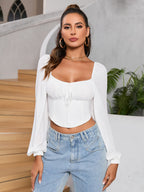 Long Sleeve Ruched Bust Zipper Back Crop Top