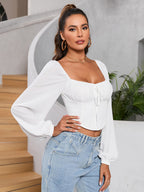 Long Sleeve Ruched Bust Zipper Back Crop Top